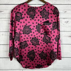 Toni Todd Blouse Womens Medium Pink Floral Lace Pocket Satin Vintage 80s Top